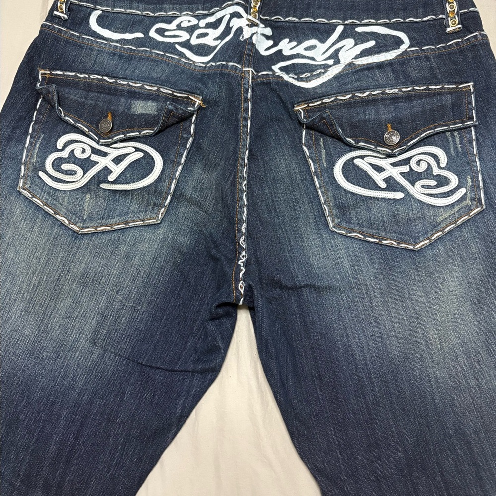 Ed Hardy Blue Women's Jeans with White Embroidery